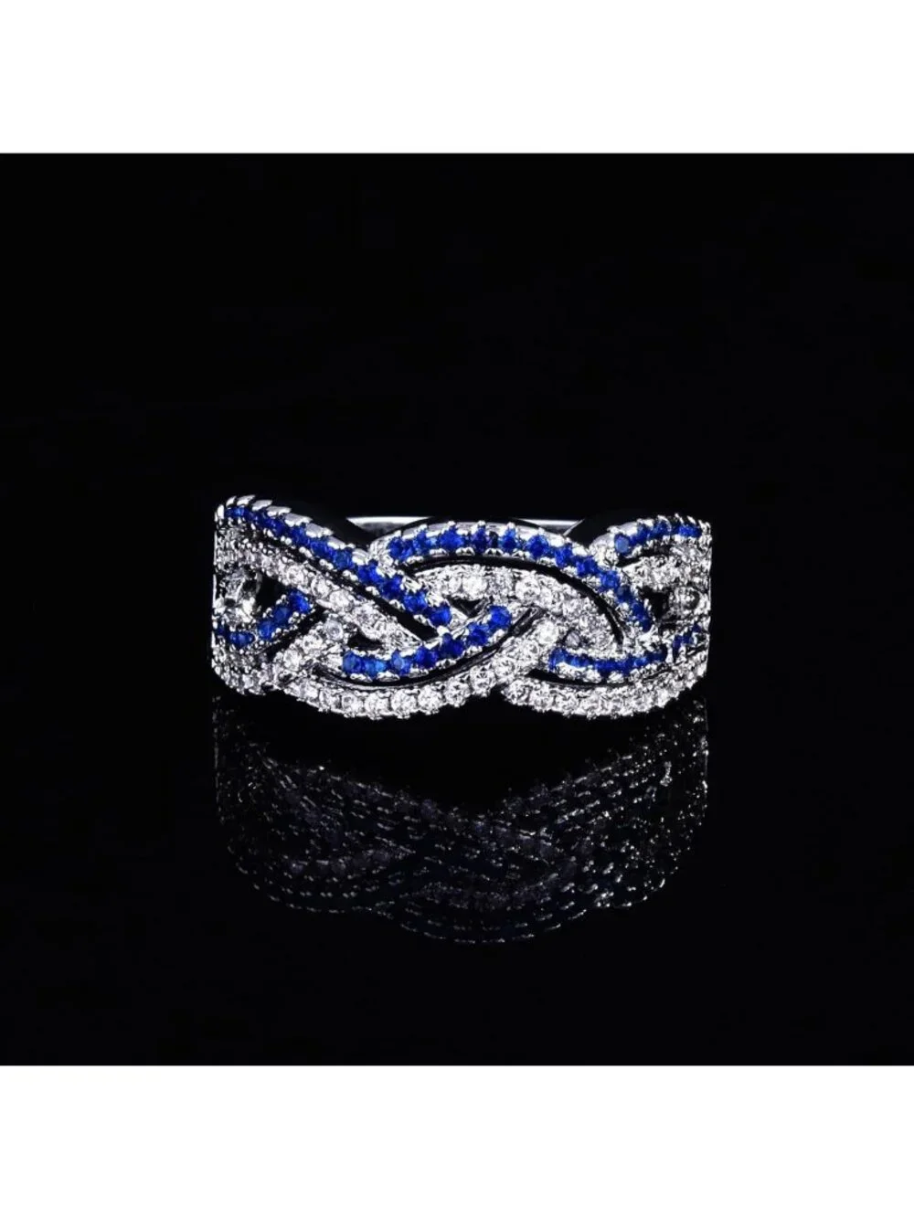 Shiny 925 Sterling Silver Diamond & Sapphire Cocktail Ring, Eternity Wedding